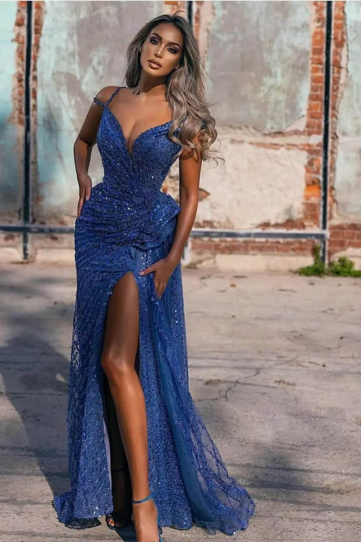 Royal Blue Split Mermaid Sequins Off-The-Shoulder Evening Dress-BallBride
