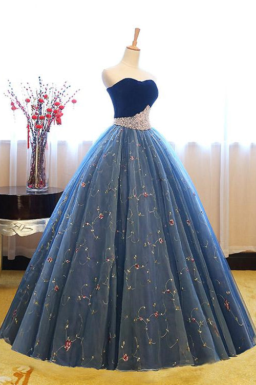 Royal Blue Sweetheart Ball Gown Evening Dress with Pearl Appliques and Sleeveless Design-BallBride