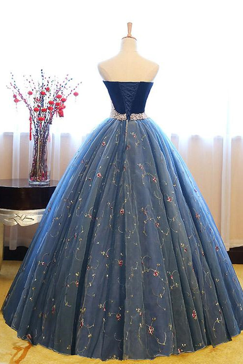 Royal Blue Sweetheart Ball Gown Evening Dress with Pearl Appliques and Sleeveless Design-BallBride