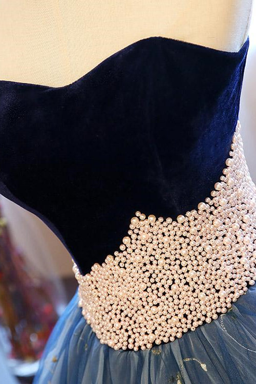 Royal Blue Sweetheart Ball Gown Evening Dress with Pearl Appliques and Sleeveless Design-BallBride