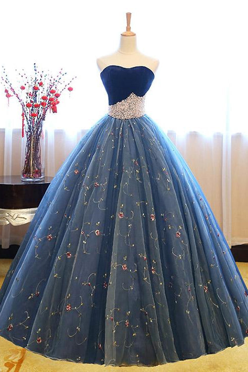 Royal Blue Sweetheart Ball Gown Evening Dress with Pearl Appliques and Sleeveless Design-BallBride
