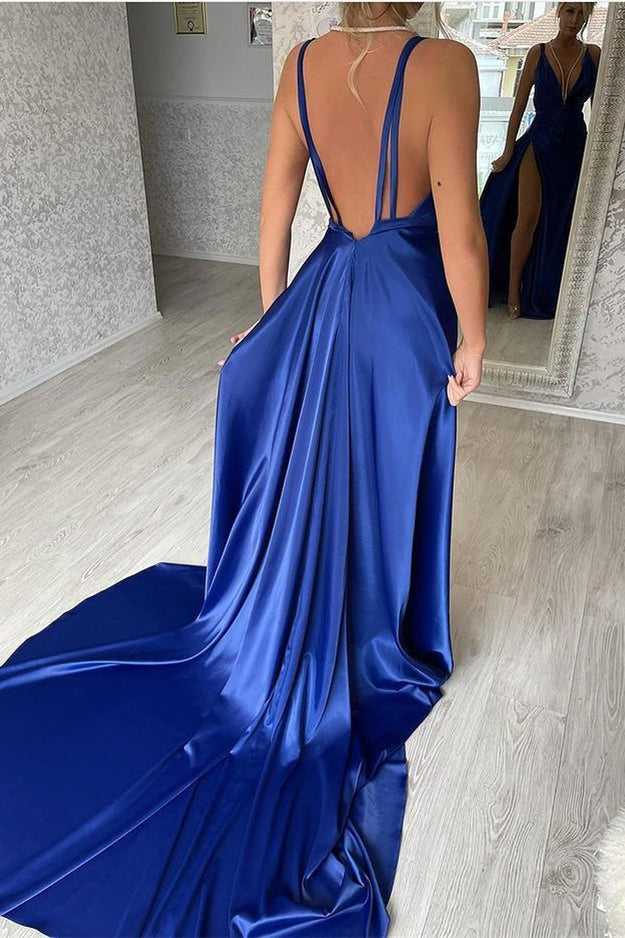 Royal Blue V Neck Evening Dress Split Mermaid-BallBride
