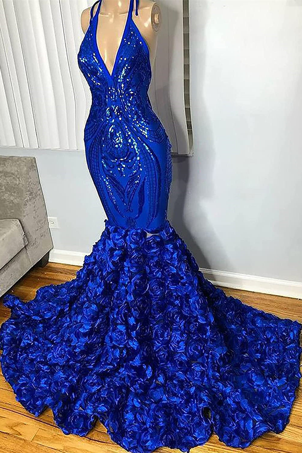 Royal Blue V-Neck Evening Gowns with Sleeveless Mermaid and Flowers for Budget-BallBride
