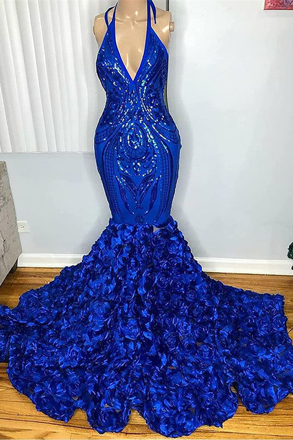Royal Blue V-Neck Evening Gowns with Sleeveless Mermaid and Flowers for Budget-BallBride