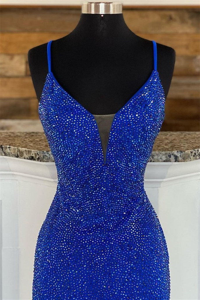 Royal Blue V Neck Mermaid Evening Dress with Appliques Splitting-BallBride
