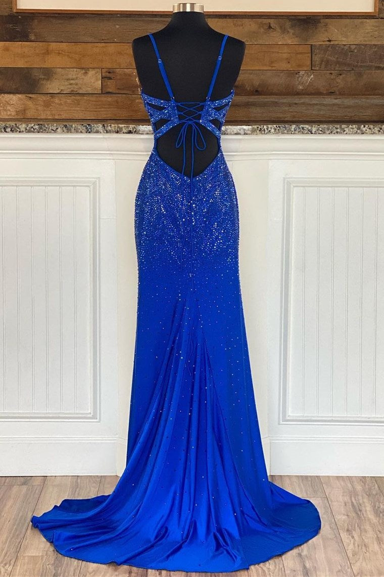 Royal Blue V Neck Mermaid Evening Dress with Appliques Splitting-BallBride