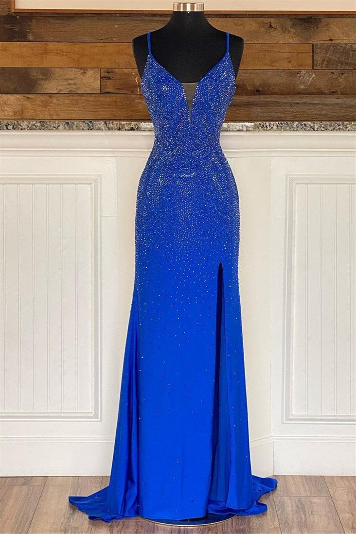 Royal Blue V Neck Mermaid Evening Dress with Appliques Splitting-BallBride
