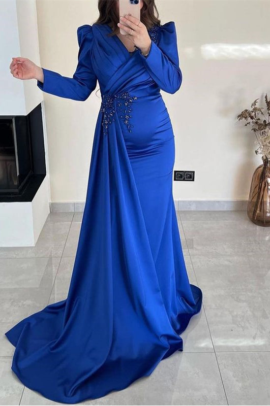 Ruffle Mermaid Beadings Long Sleeves Prom Dress with Front Split-BallBride