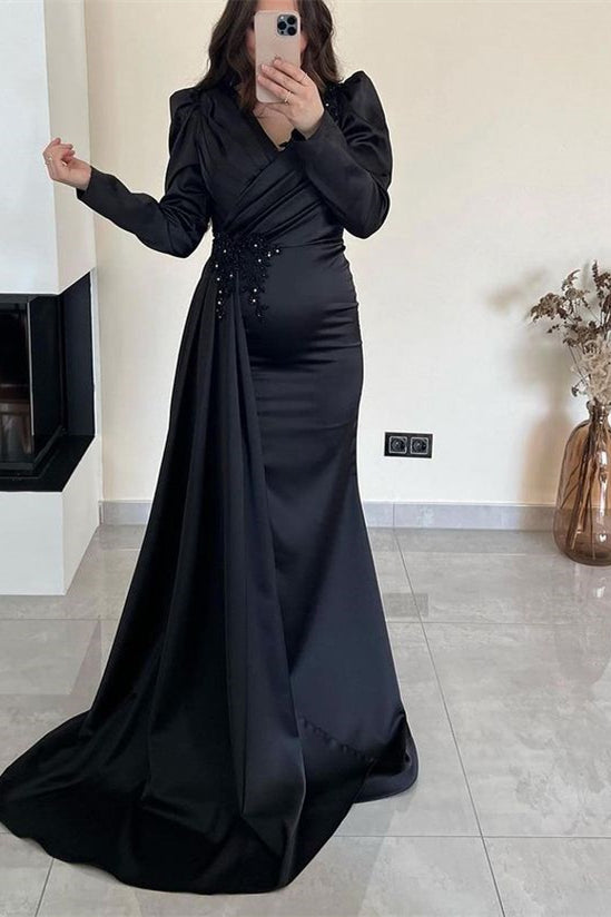 Ruffle Mermaid Beadings Long Sleeves Prom Dress with Front Split-BallBride