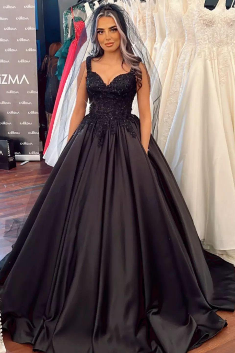 Ruffle Satin Ball Gown Wedding Dress with Wide Straps - Black Sweetheart-BallBride