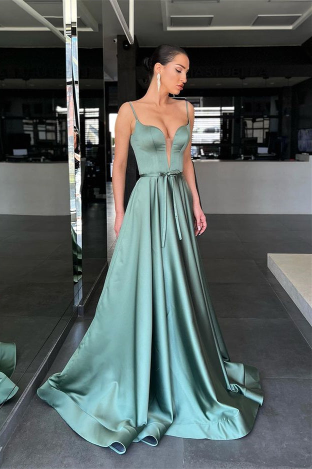 Sage A Line Prom Dress with Spaghetti-Straps and Belt-BallBride
