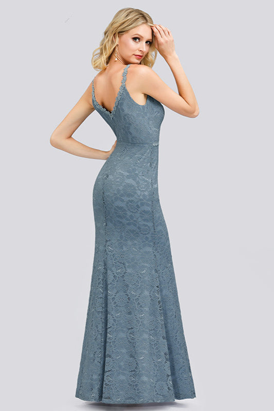 Sale On Long Lace Evening Gowns - Dusty Blue V-Neck Sleeveless Prom Dress-BallBride