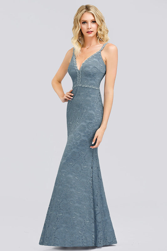 Sale On Long Lace Evening Gowns - Dusty Blue V-Neck Sleeveless Prom Dress-BallBride
