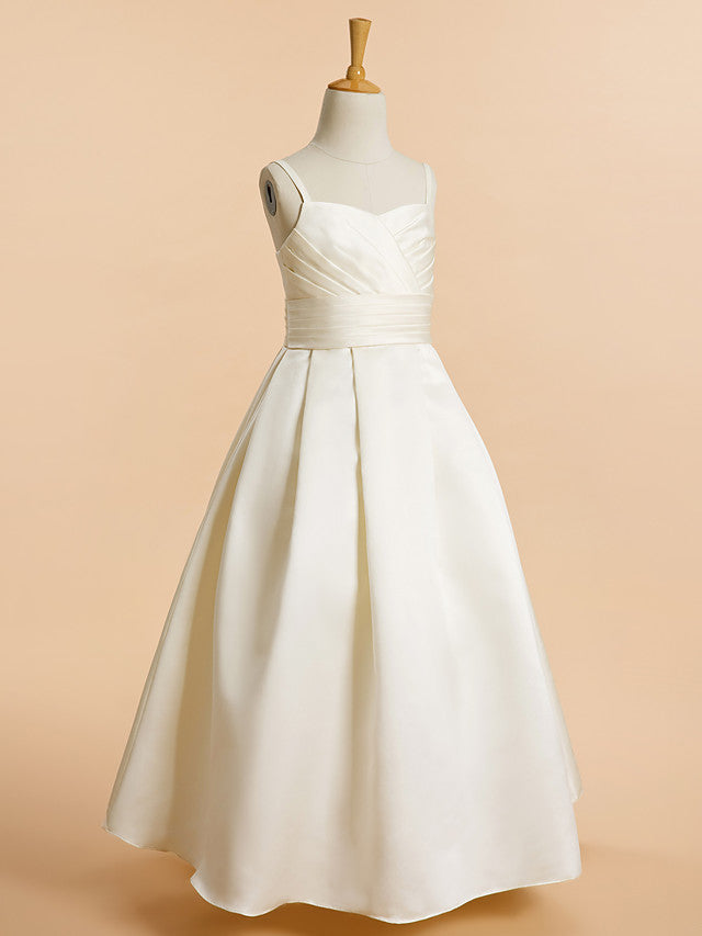 Satin A-Line Flower Girl Dress with Sleeveless Spaghetti Strap and Sash Ribbon-BallBride