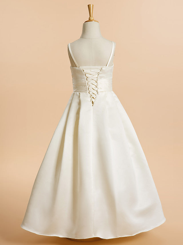 Satin A-Line Flower Girl Dress with Sleeveless Spaghetti Strap and Sash Ribbon-BallBride