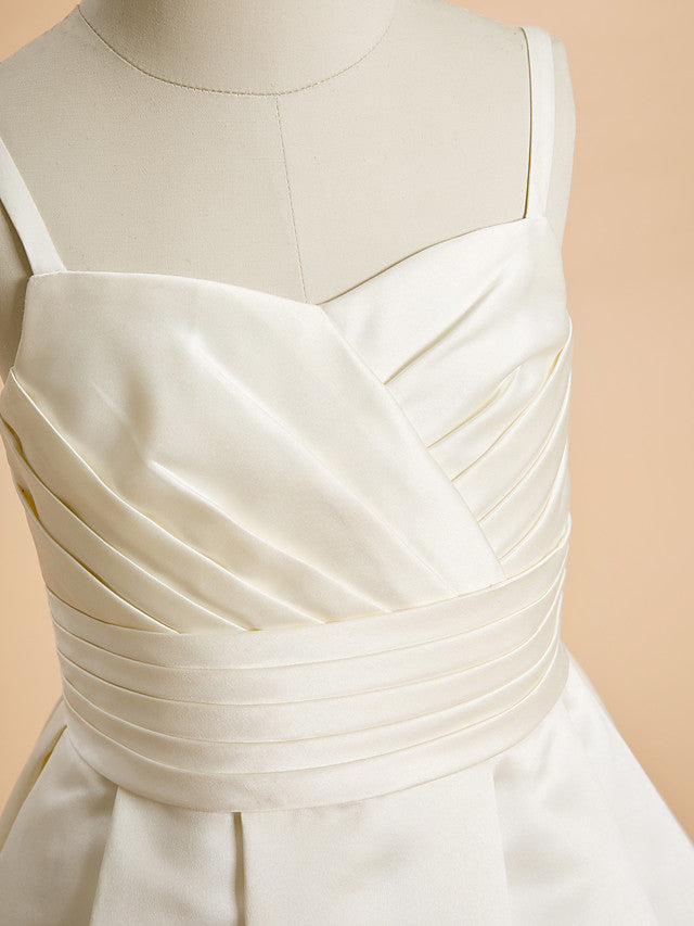 Satin A-Line Flower Girl Dress with Sleeveless Spaghetti Strap and Sash Ribbon-BallBride