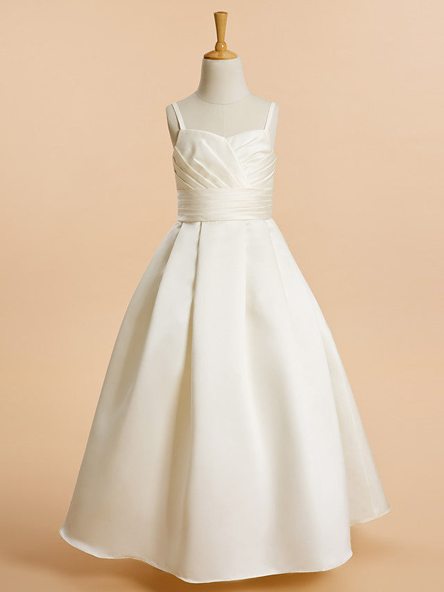 Satin A-Line Flower Girl Dress with Sleeveless Spaghetti Strap and Sash Ribbon-BallBride