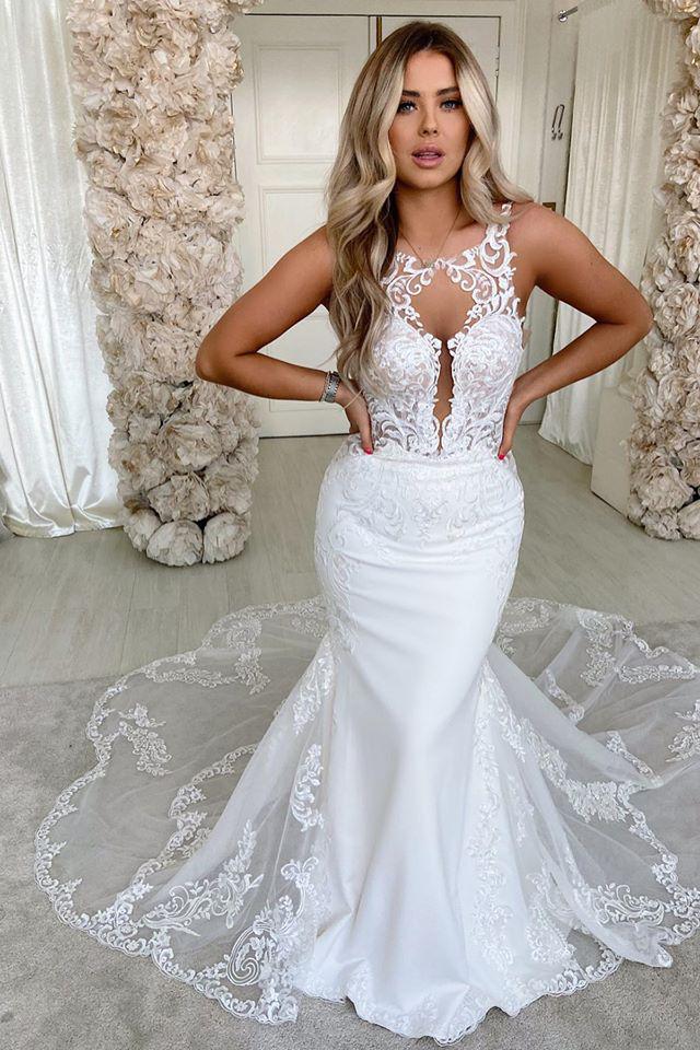 Satin Backless Long Mermaid Wedding Dress with Lace and Spaghetti-Straps-BallBride