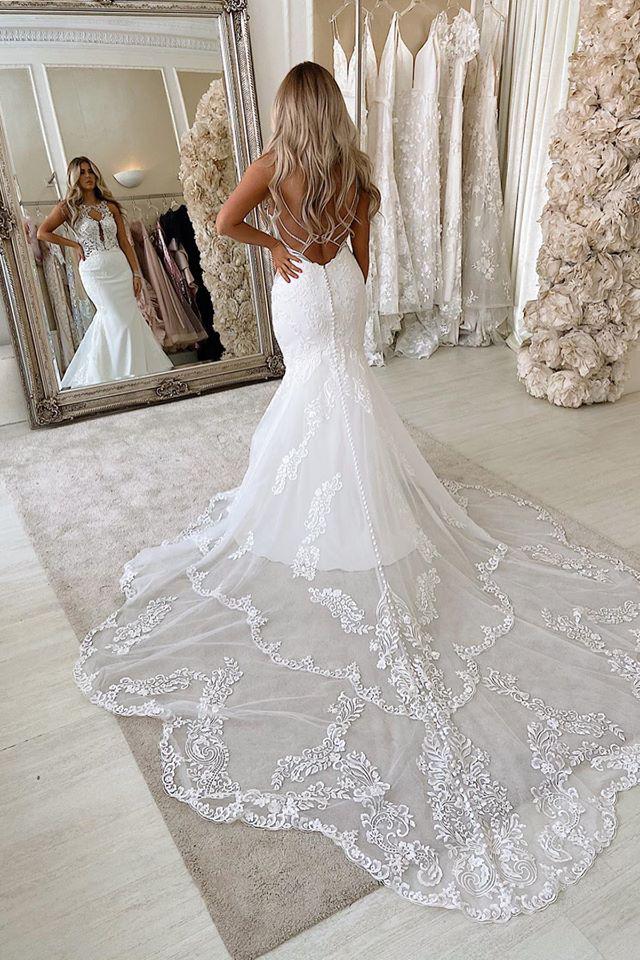Satin Backless Long Mermaid Wedding Dress with Lace and Spaghetti-Straps-BallBride