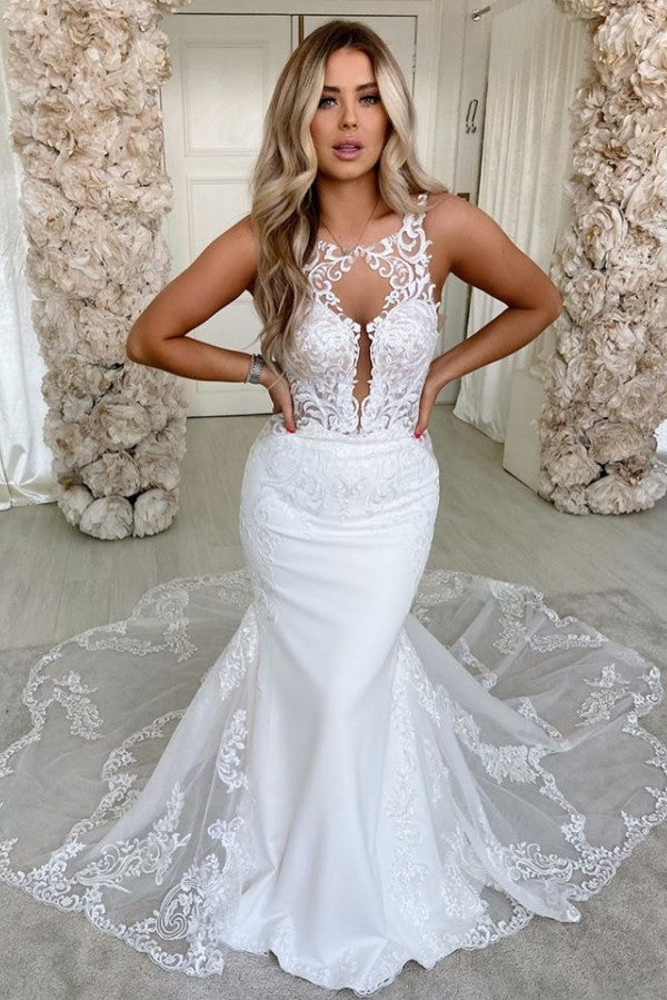 Satin Backless Long Mermaid Wedding Dress with Lace and Spaghetti-Straps-BallBride