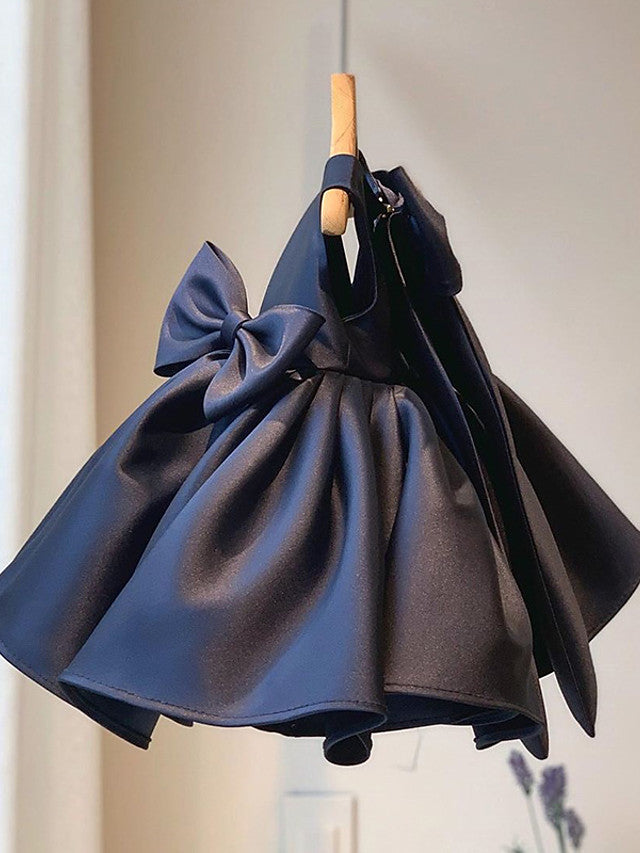 Satin Ball Gown Sleeveless Square Neck Flower Girl Dress With Bow Pleats-BallBride