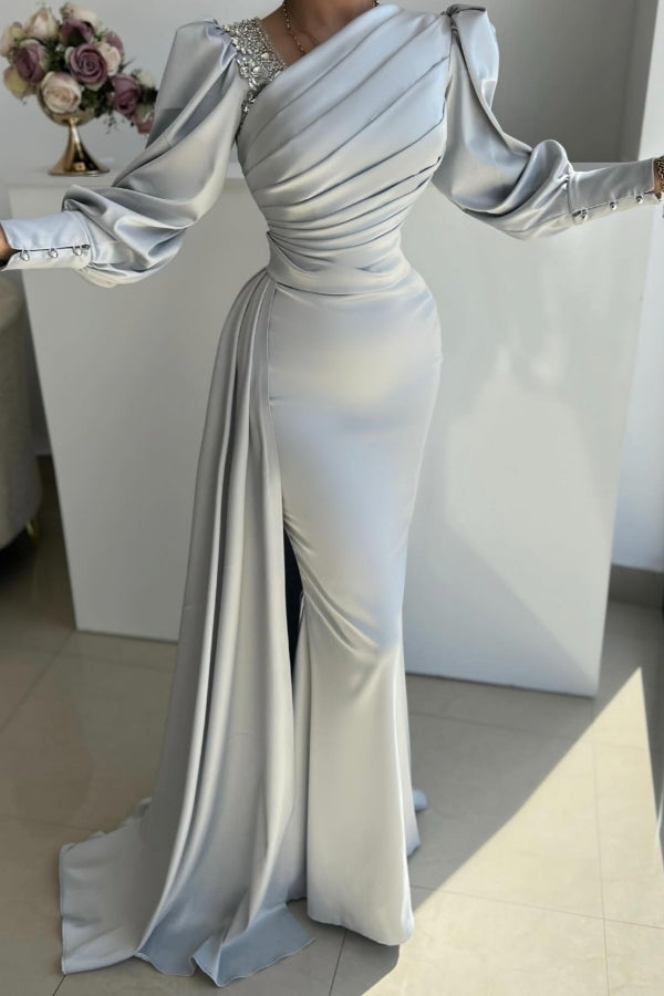 Satin Mermaid Floor Length Prom Dress with Long Sleeves and Sequins-BallBride