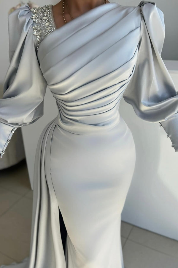Satin Mermaid Floor Length Prom Dress with Long Sleeves and Sequins-BallBride