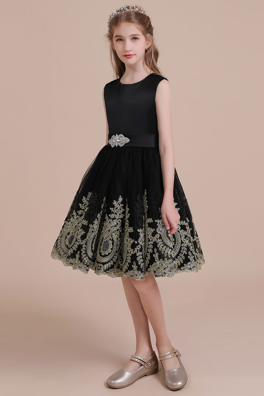 Satin Sleeveless Tulle A-line Flower Girl Dress with Appliques-BallBride