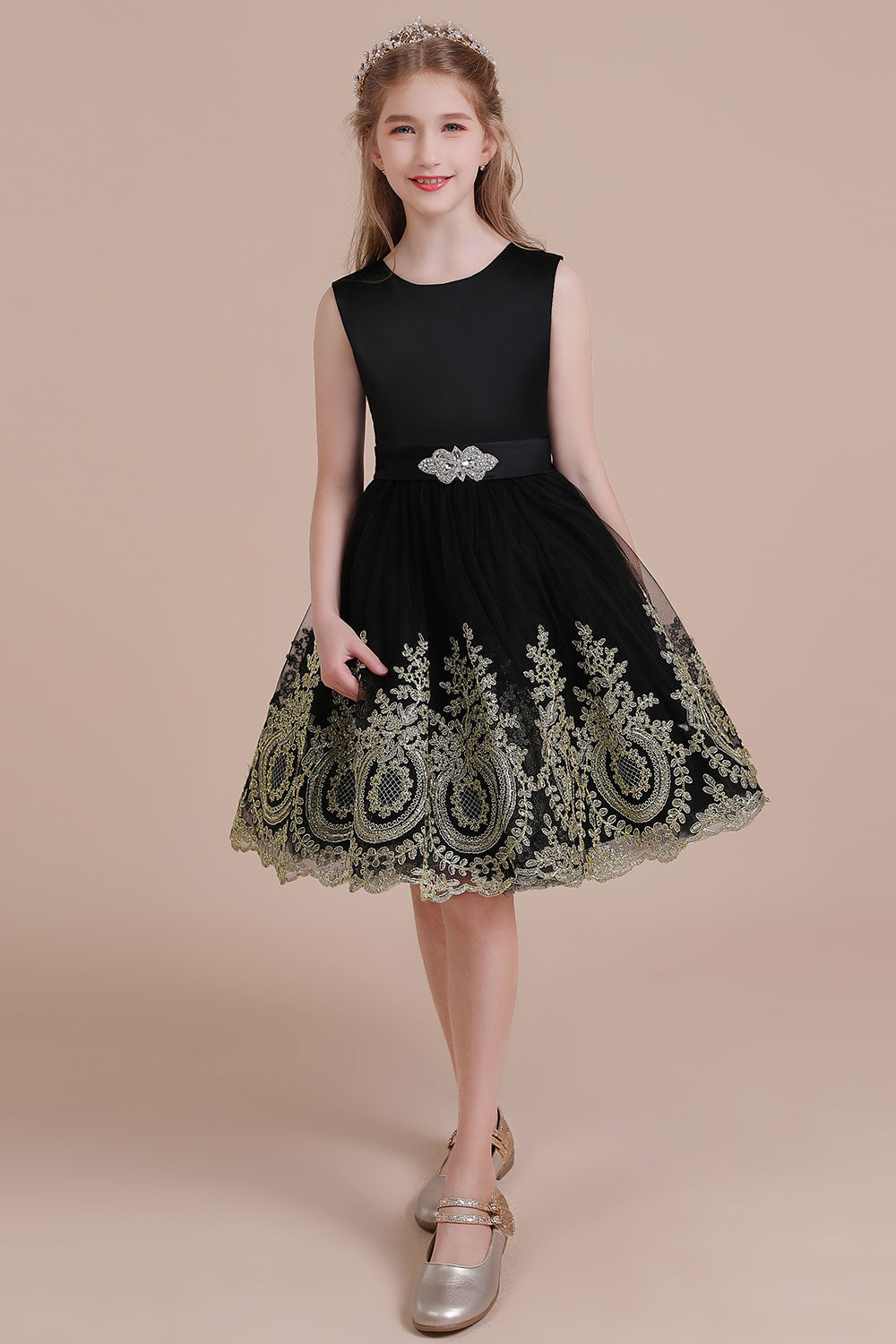 Satin Sleeveless Tulle A-line Flower Girl Dress with Appliques-BallBride