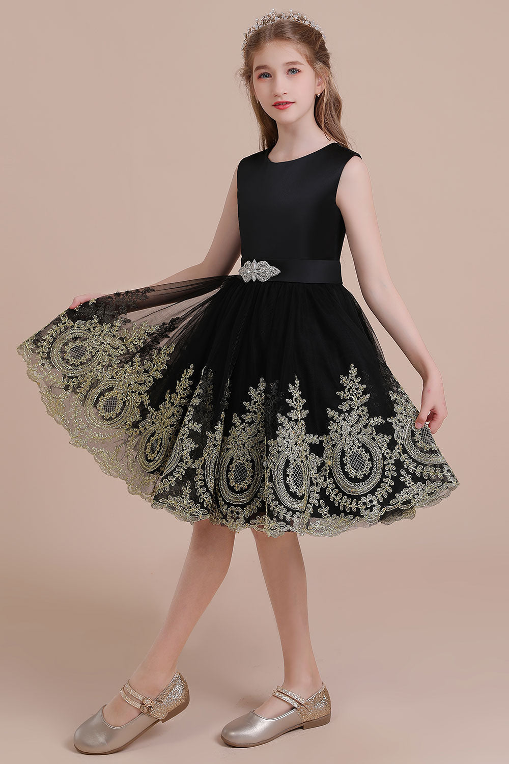 Satin Sleeveless Tulle A-line Flower Girl Dress with Appliques-BallBride