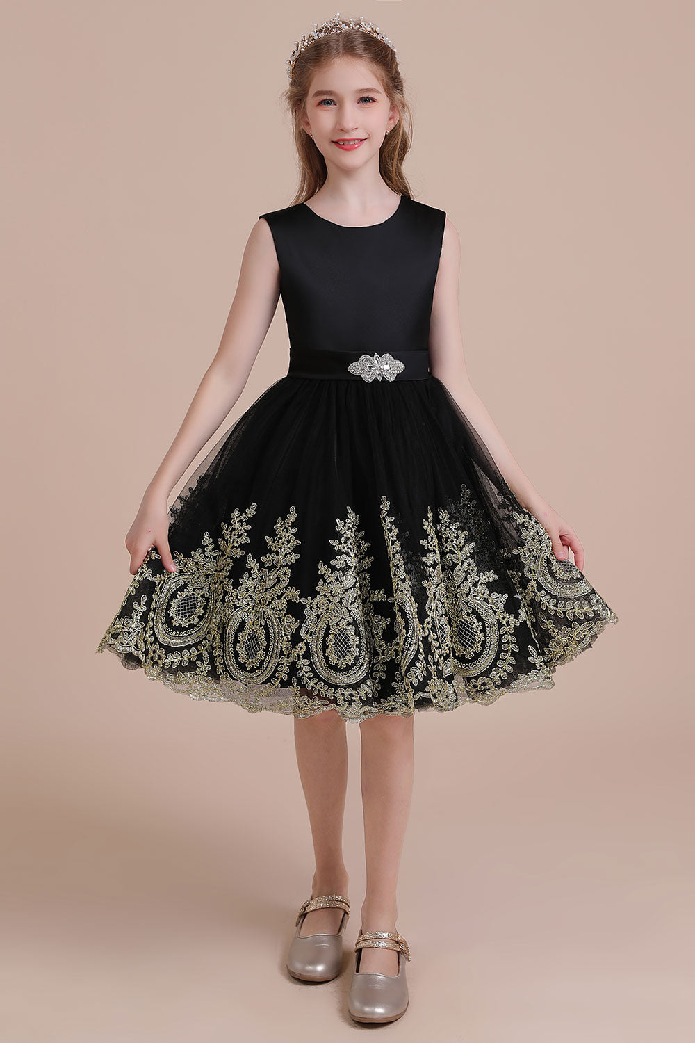 Satin Sleeveless Tulle A-line Flower Girl Dress with Appliques-BallBride