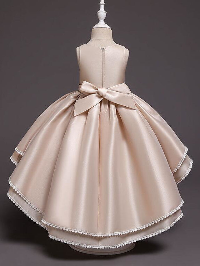 Satin Tulle Asymmetrical Flower Girl Dress with Lace Belt Appliques-BallBride
