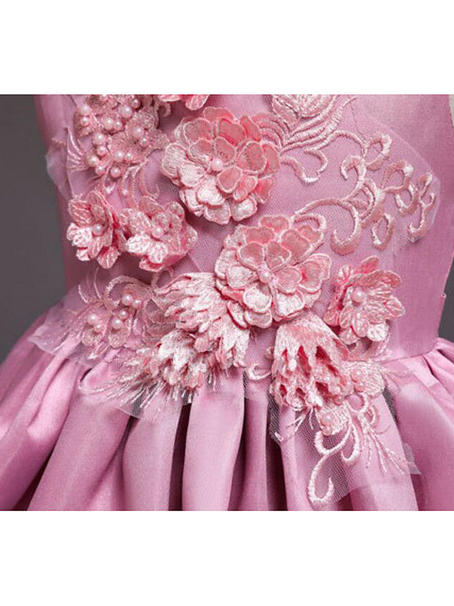 Satin Tulle Asymmetrical Flower Girl Dress with Lace Belt Appliques-BallBride