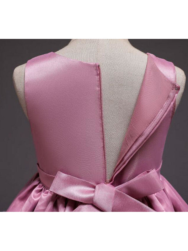 Satin Tulle Asymmetrical Flower Girl Dress with Lace Belt Appliques-BallBride