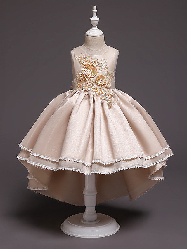 Satin Tulle Asymmetrical Flower Girl Dress with Lace Belt Appliques-BallBride