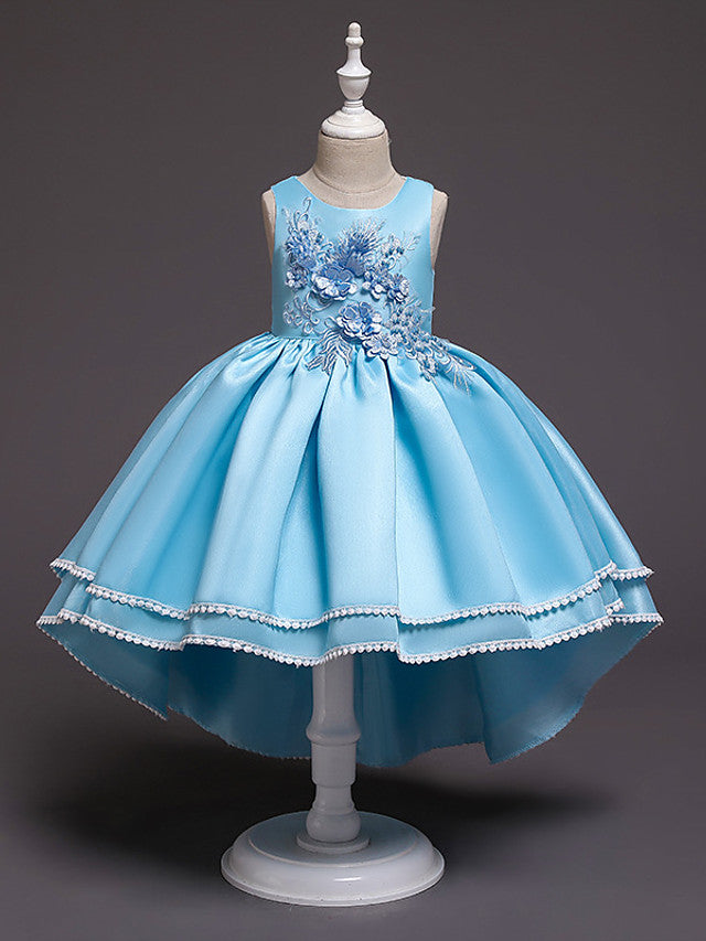 Satin Tulle Asymmetrical Flower Girl Dress with Lace Belt Appliques-BallBride