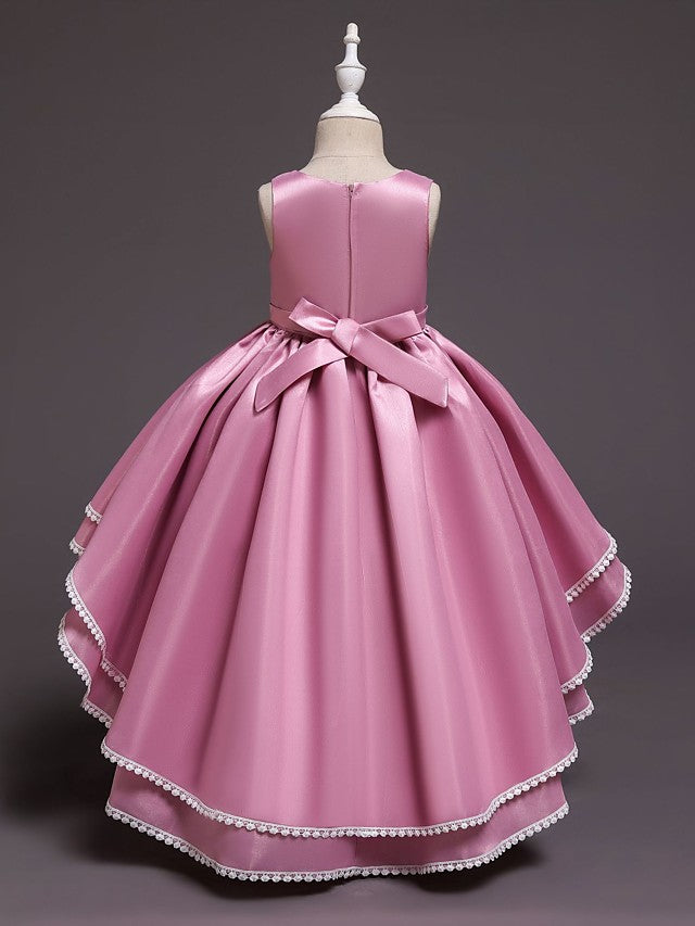 Satin Tulle Asymmetrical Flower Girl Dress with Lace Belt Appliques-BallBride
