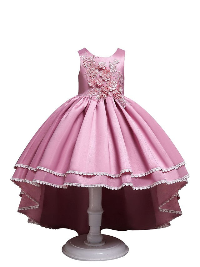 Satin Tulle Asymmetrical Flower Girl Dress with Lace Belt Appliques-BallBride