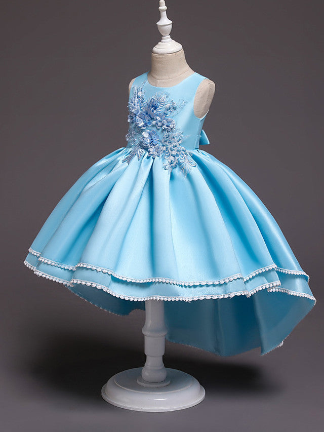 Satin Tulle Asymmetrical Flower Girl Dress with Lace Belt Appliques-BallBride