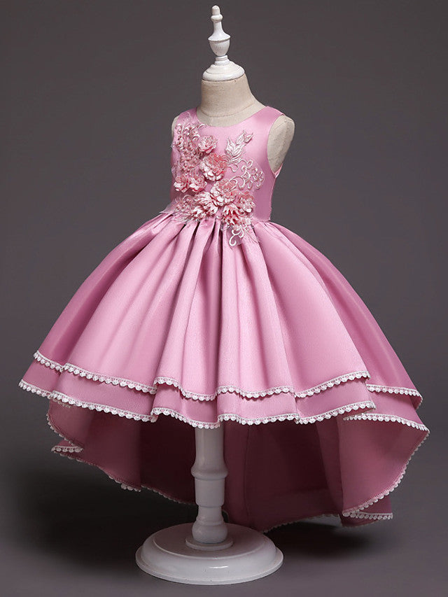 Satin Tulle Asymmetrical Flower Girl Dress with Lace Belt Appliques-BallBride