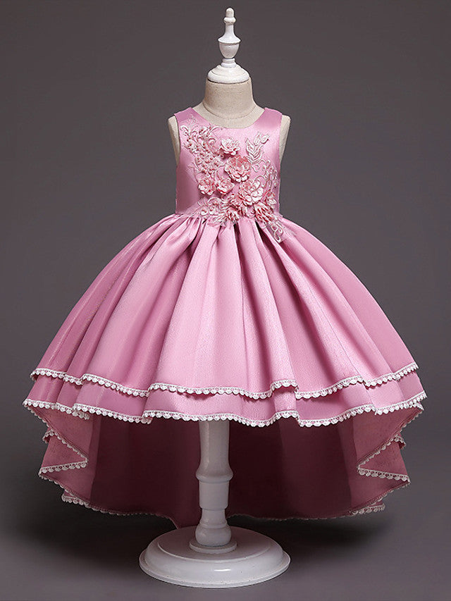 Satin Tulle Asymmetrical Flower Girl Dress with Lace Belt Appliques-BallBride