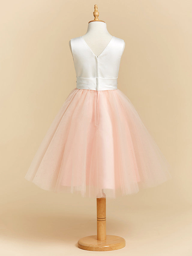 Satin Tulle Ball Gown Flower Girl Dress with V Neck and Sash Ribbon Crystals-BallBride