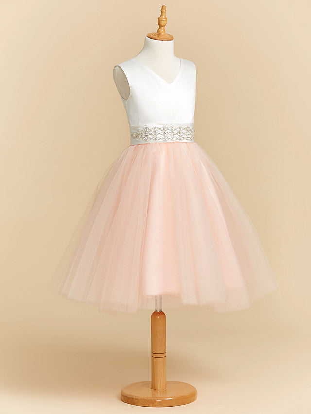 Satin Tulle Ball Gown Flower Girl Dress with V Neck and Sash Ribbon Crystals-BallBride