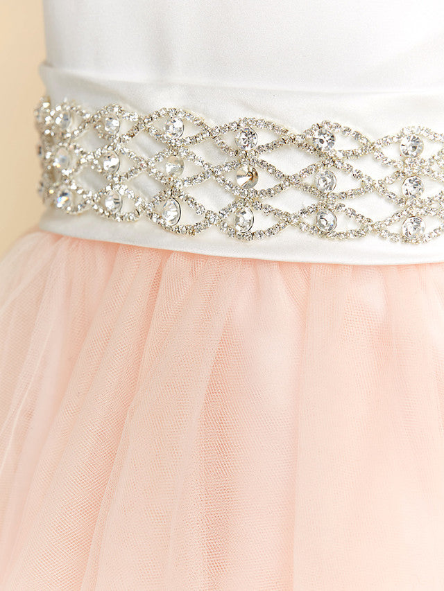Satin Tulle Ball Gown Flower Girl Dress with V Neck and Sash Ribbon Crystals-BallBride