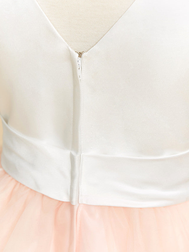 Satin Tulle Ball Gown Flower Girl Dress with V Neck and Sash Ribbon Crystals-BallBride
