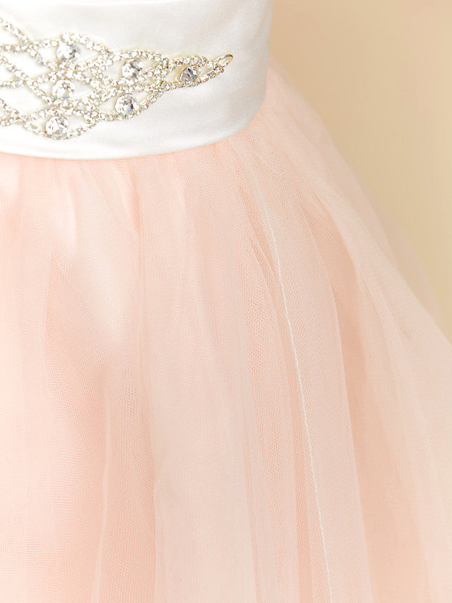 Satin Tulle Ball Gown Flower Girl Dress with V Neck and Sash Ribbon Crystals-BallBride