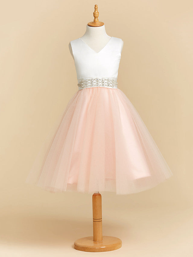 Satin Tulle Ball Gown Flower Girl Dress with V Neck and Sash Ribbon Crystals-BallBride