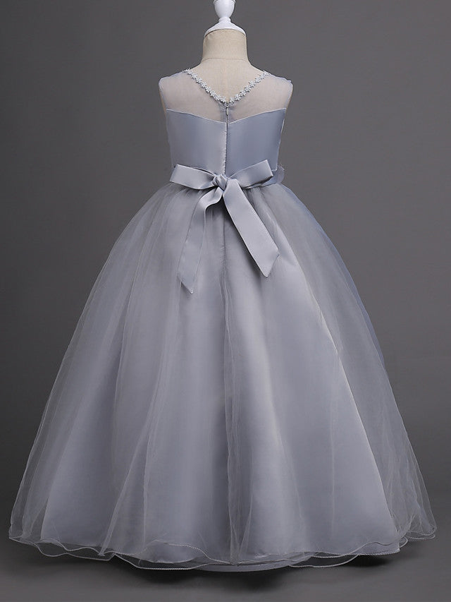 Satin Tulle Flower Girl Dress for Special Occasions - Princess Long Length with Belt Appliques-BallBride