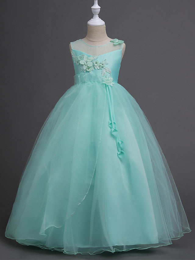 Satin Tulle Flower Girl Dress for Special Occasions - Princess Long Length with Belt Appliques-BallBride