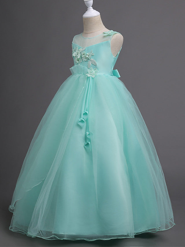 Satin Tulle Flower Girl Dress for Special Occasions - Princess Long Length with Belt Appliques-BallBride